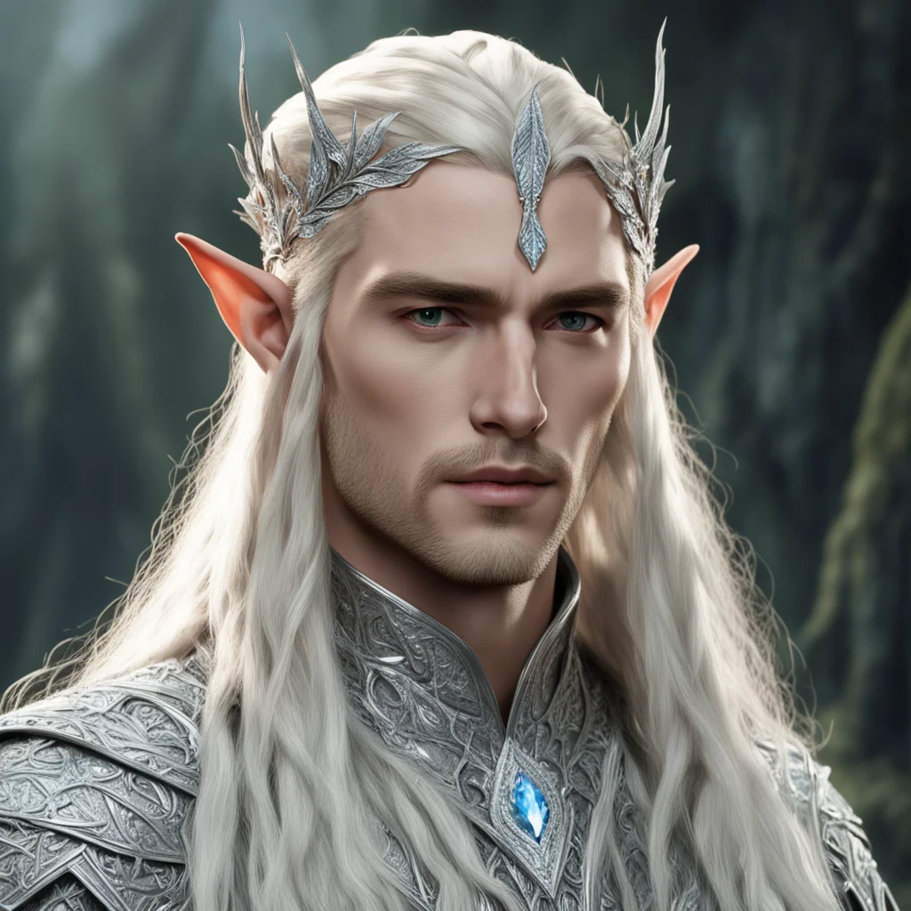 king thranduil with blond hair and braids wearing silver beech leaf encrusted with diamonds and clusters of diamonds forming a silver sindarin elvish circlet with large center diamond amazing awesom