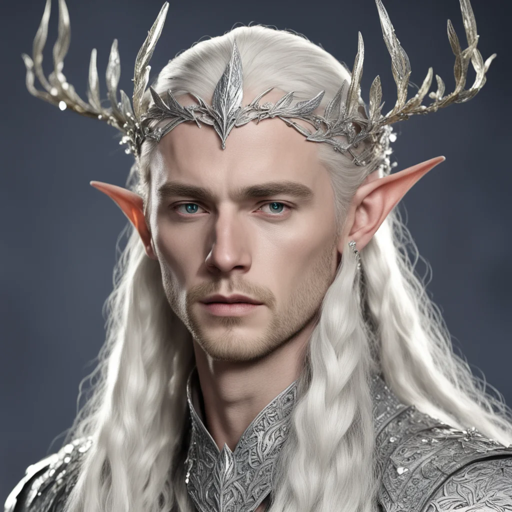 king thranduil with blond hair and braids wearing silver beech leaf encrusted with diamonds and clusters of diamonds forming a silver sindarin elvish circlet with large center diamond confident enga