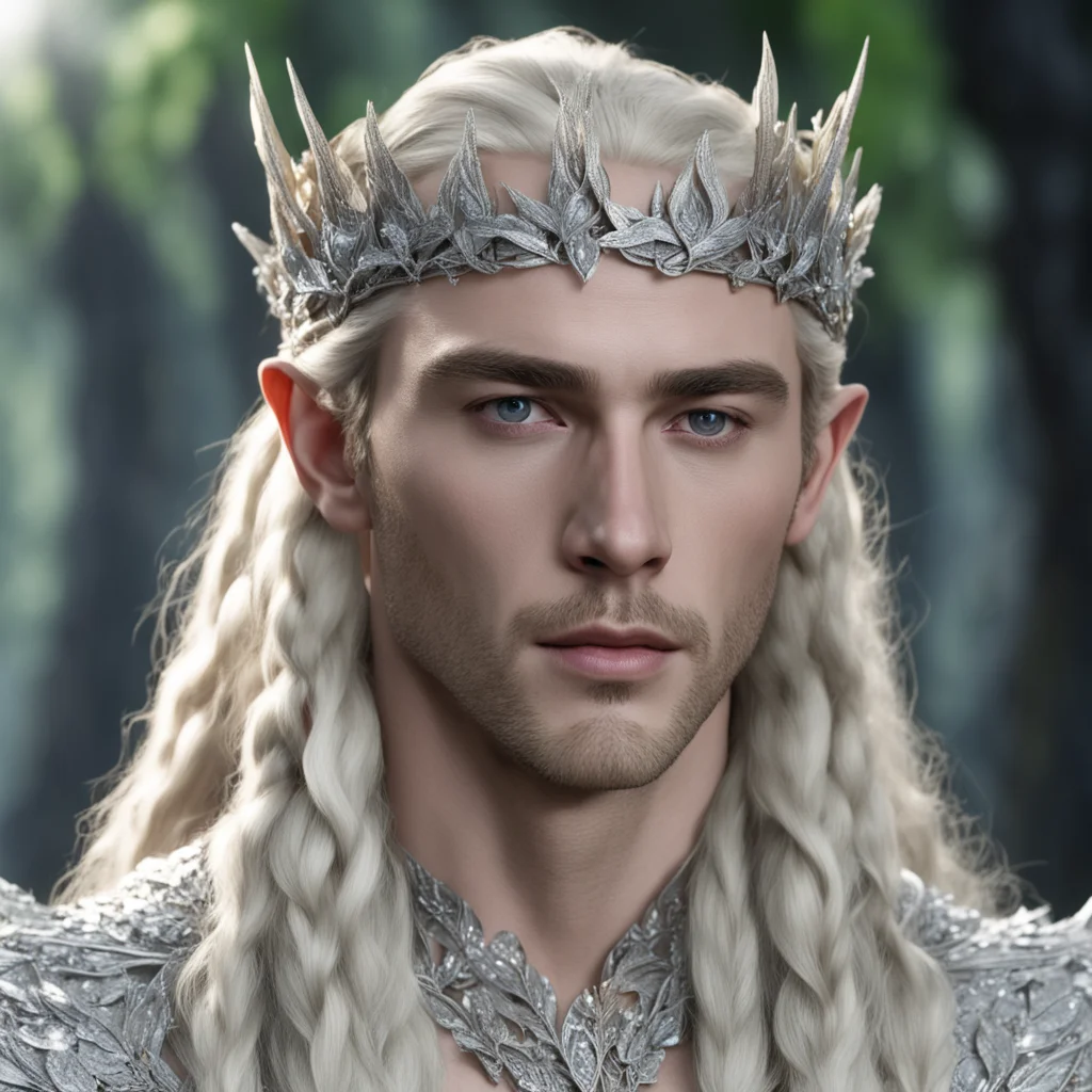 king thranduil with blond hair and braids wearing silver beech leaf encrusted with diamonds and clusters of diamonds forming a silver sindarin elvish circlet with large center diamond good looking t