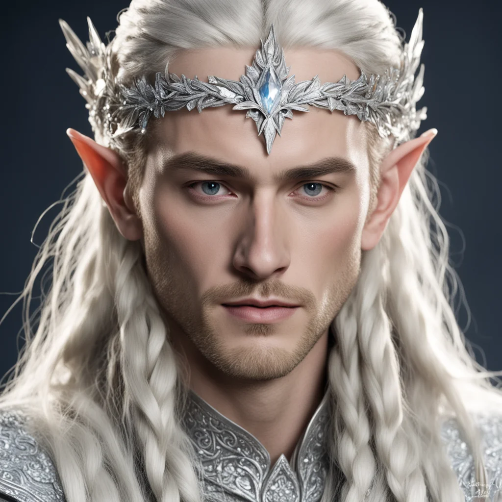 aiking thranduil with blond hair and braids wearing silver beech leaf encrusted with diamonds and clusters of diamonds forming a silver sindarin elvish circlet with large center diamond