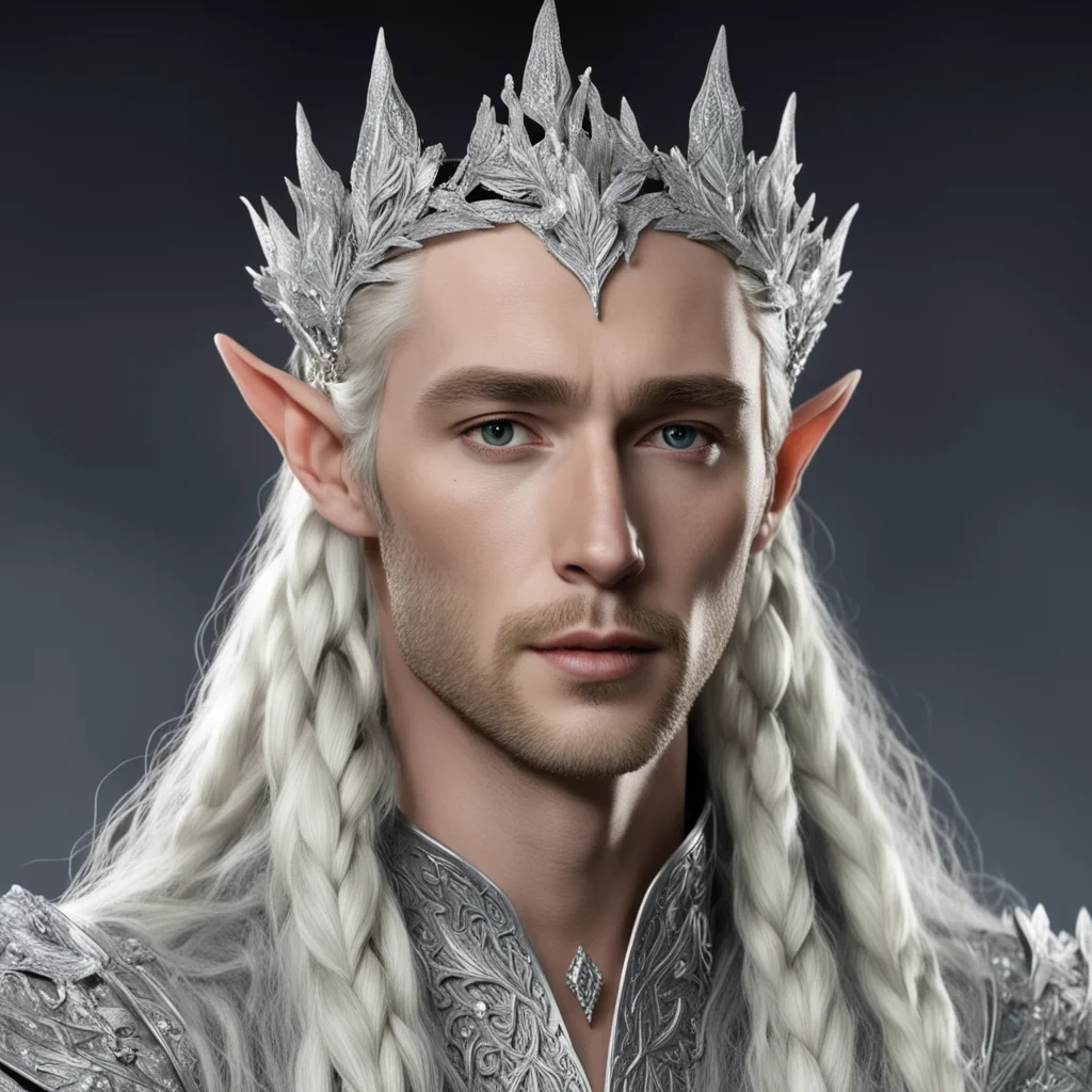 king thranduil with blond hair and braids wearing silver beech leaf encrusted with diamonds and clusters of diamonds forming a silver sindarin elvish coronet with large center diamond amazing awesom