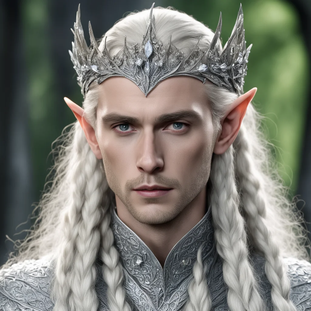 king thranduil with blond hair and braids wearing silver beech leaf encrusted with diamonds and clusters of diamonds forming a silver sindarin elvish coronet with large center diamond confident enga