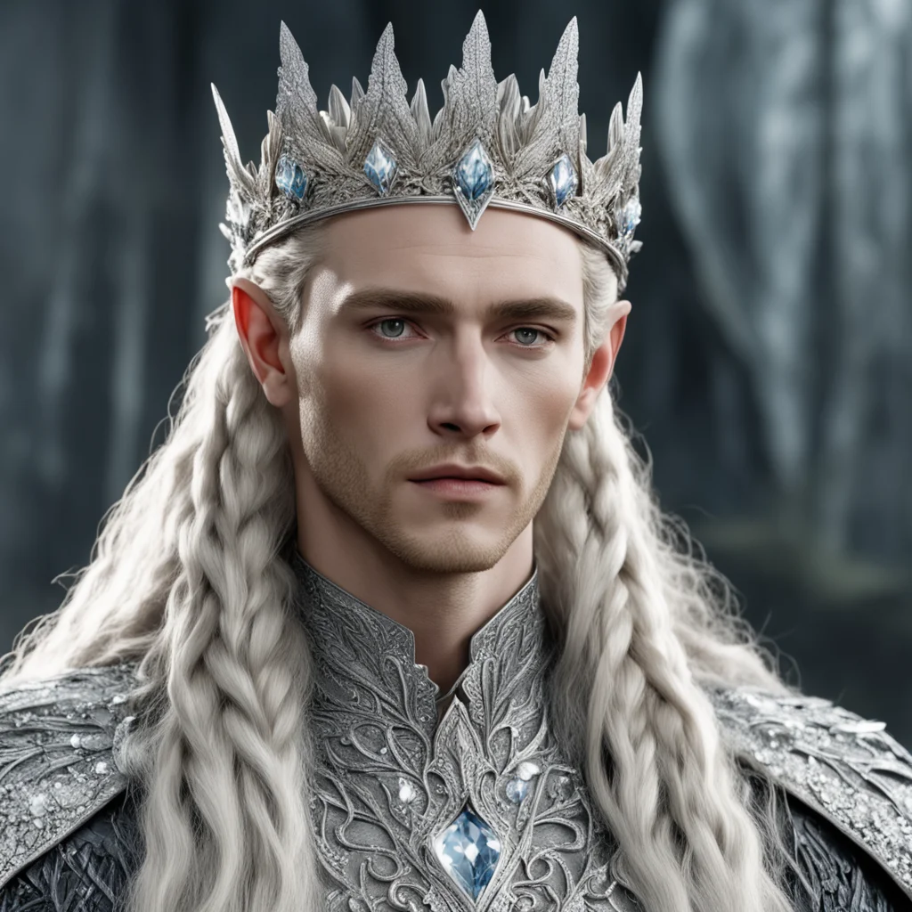 king thranduil with blond hair and braids wearing silver beech leaf encrusted with diamonds and clusters of diamonds forming a silver sindarin elvish coronet with large center diamond good looking t