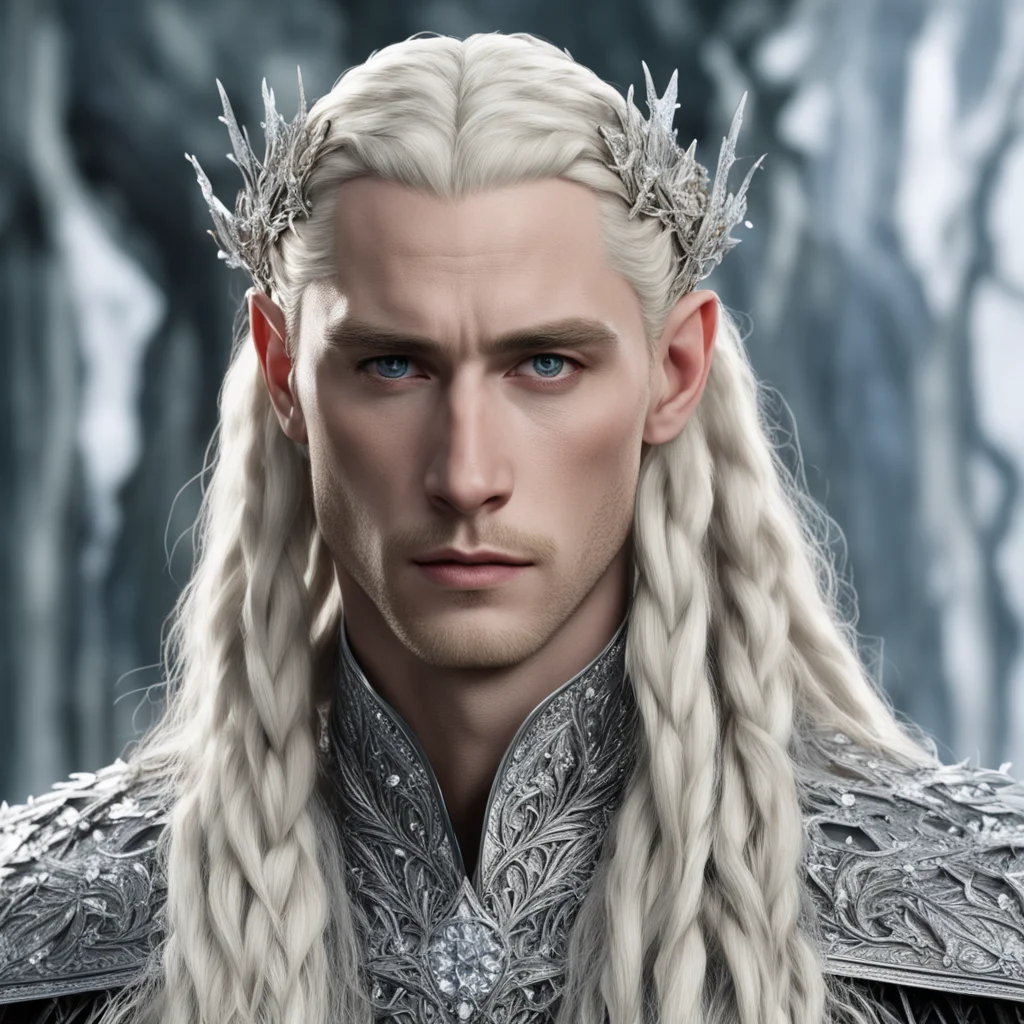 king thranduil with blond hair and braids wearing silver beech leaf encrusted with diamonds and clusters of diamonds forming a silver sindarin elvish coronet with large center diamond