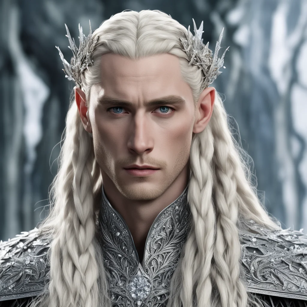 aiking thranduil with blond hair and braids wearing silver beech leaf encrusted with diamonds and clusters of diamonds forming a silver sindarin elvish coronet with large center diamond