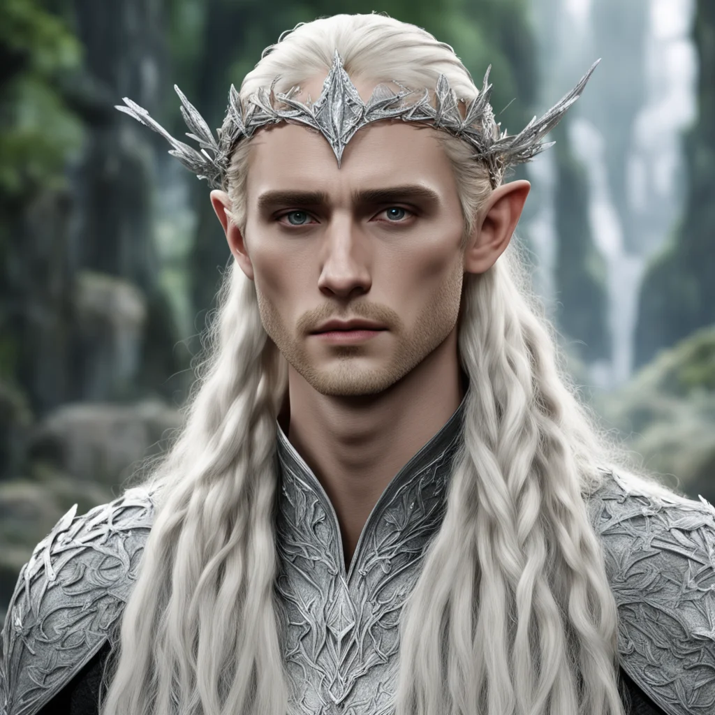 king thranduil with blond hair and braids wearing silver beech leaf silver elvish circlet encrusted with diamonds with large center diamond  confident engaging wow artstation art 3