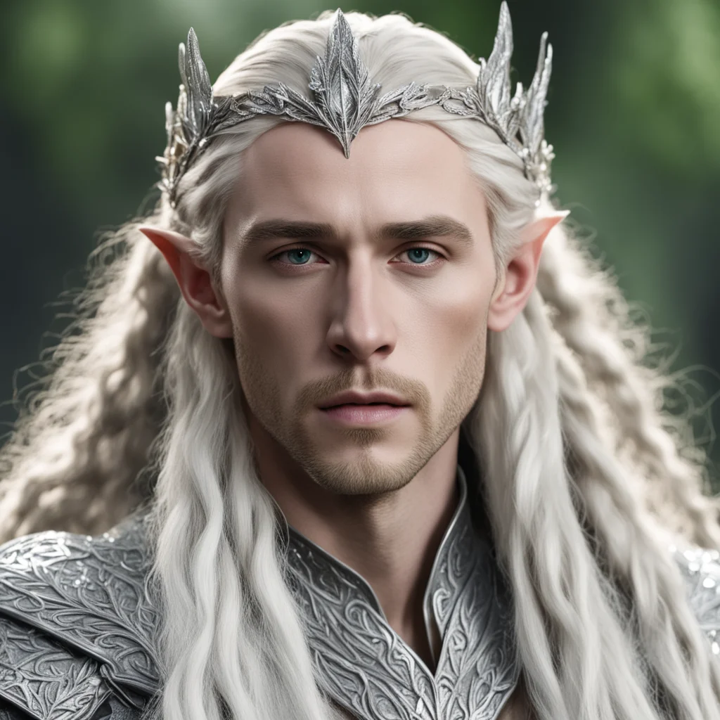 aiking thranduil with blond hair and braids wearing silver beech leaf silver elvish circlet encrusted with diamonds with large center diamond  good looking trending fantastic 1