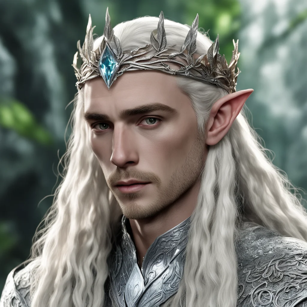 king thranduil with blond hair and braids wearing silver beech leaf silver elvish circlet encrusted with diamonds with large center diamond 