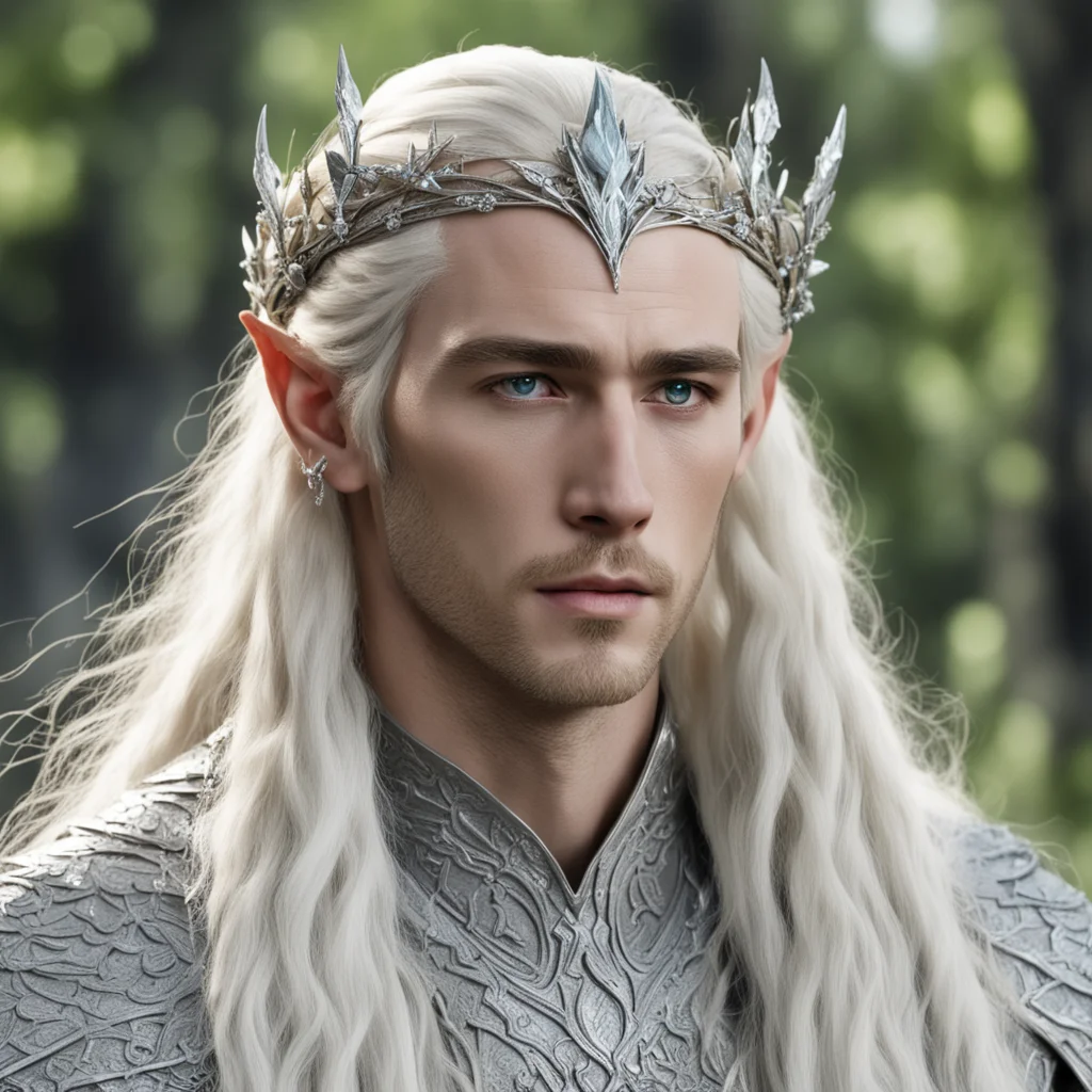 aiking thranduil with blond hair and braids wearing silver birch circlet encrusted with diamonds and large diamond clusters good looking trending fantastic 1