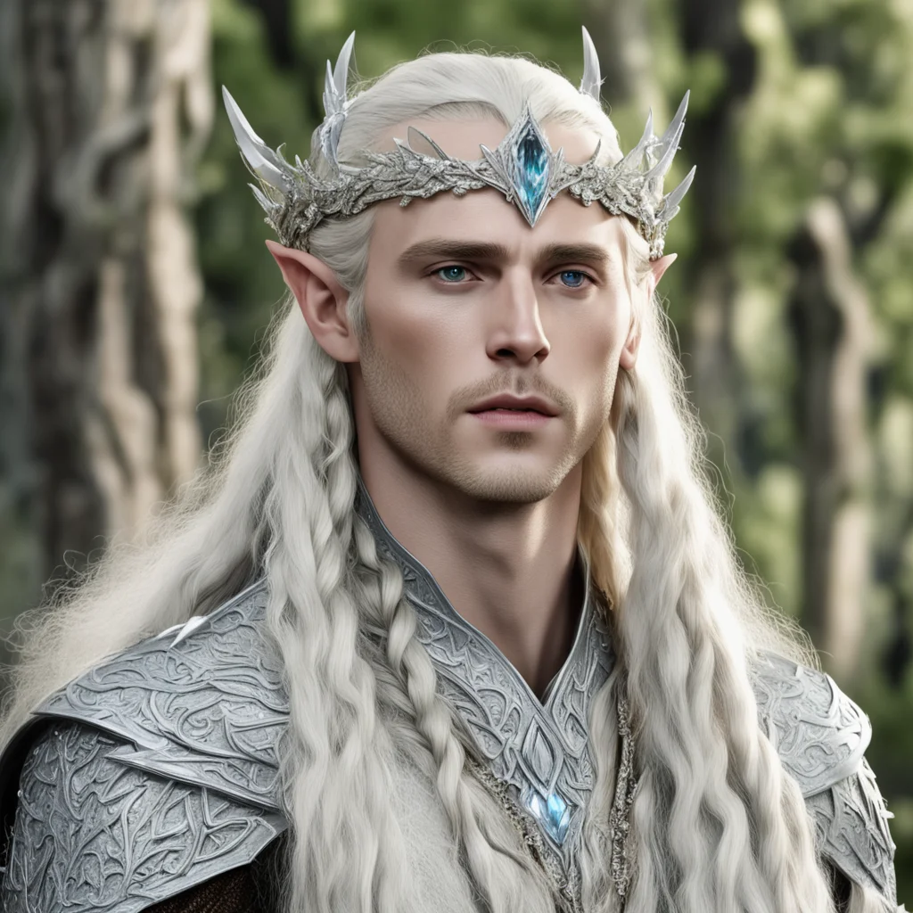aiking thranduil with blond hair and braids wearing silver birch circlet encrusted with diamonds and large diamond clusters