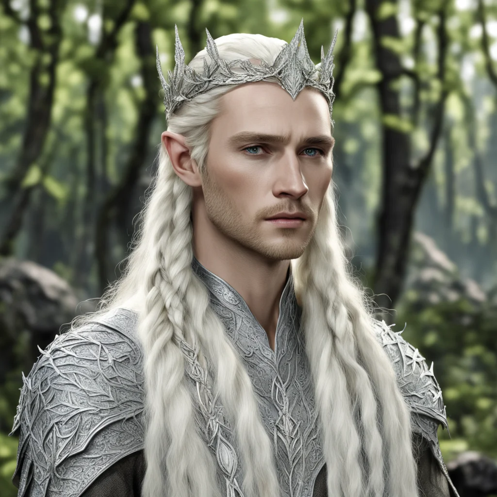 aiking thranduil with blond hair and braids wearing silver birch leaf elvish circlet encrusted with diamonds with large center diamond amazing awesome portrait 2