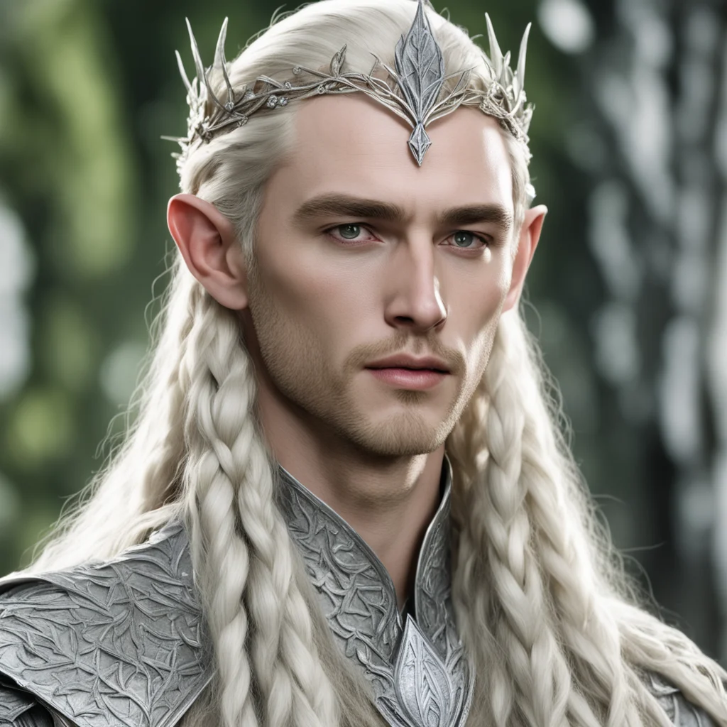 aiking thranduil with blond hair and braids wearing silver birch leaf elvish circlet encrusted with diamonds with large center diamond confident engaging wow artstation art 3