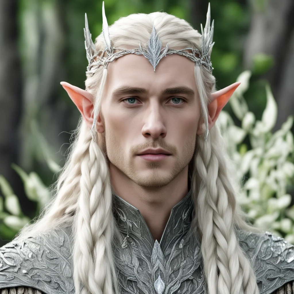 king thranduil with blond hair and braids wearing silver birch leaf elvish circlet encrusted with diamonds with large center diamond good looking trending fantastic 1