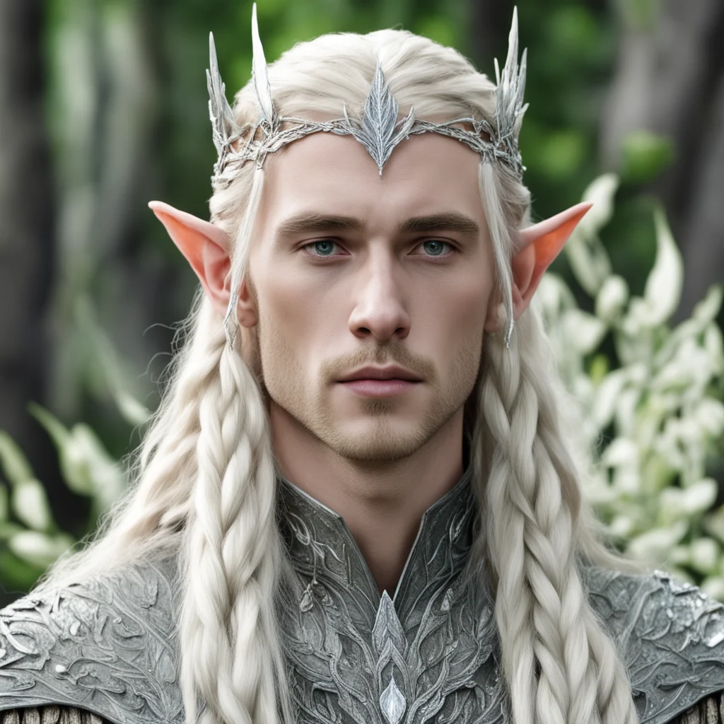 aiking thranduil with blond hair and braids wearing silver birch leaf elvish circlet encrusted with diamonds with large center diamond good looking trending fantastic 1