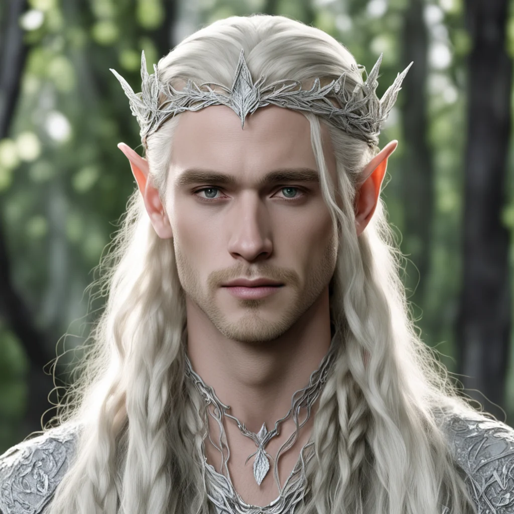 king thranduil with blond hair and braids wearing silver birch leaf elvish circlet encrusted with diamonds with large center diamond
