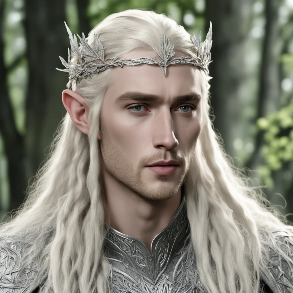 aiking thranduil with blond hair and braids wearing silver birch leaf encrusted with diamonds elvish circlet with center diamond confident engaging wow artstation art 3