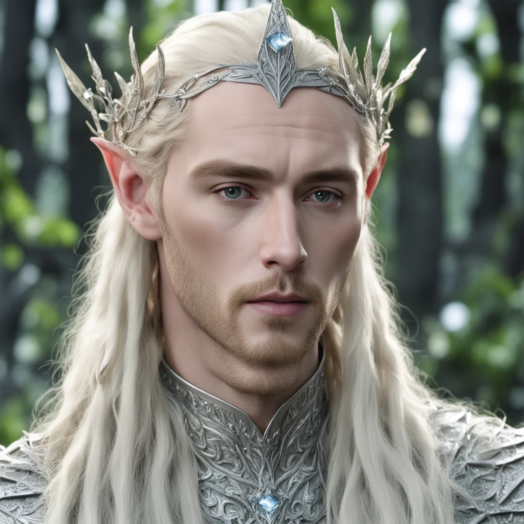 aiking thranduil with blond hair and braids wearing silver birch leaf encrusted with diamonds elvish circlet with center diamond good looking trending fantastic 1