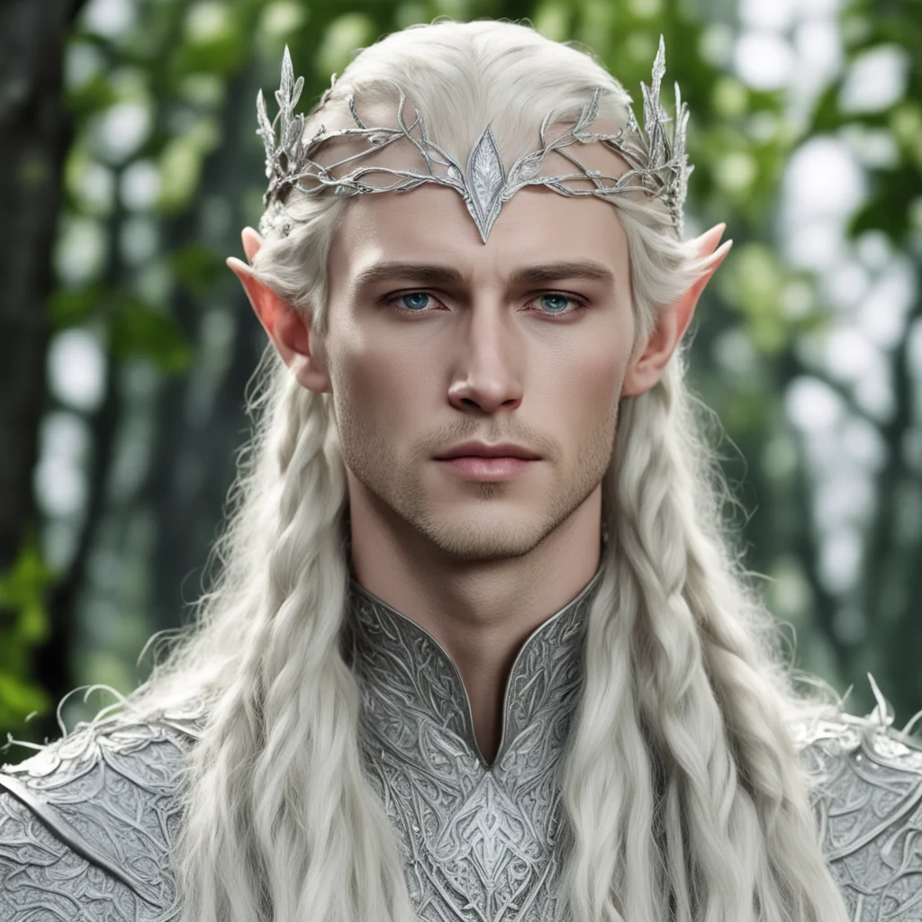 king thranduil with blond hair and braids wearing silver birch leaf encrusted with diamonds elvish circlet with center diamond