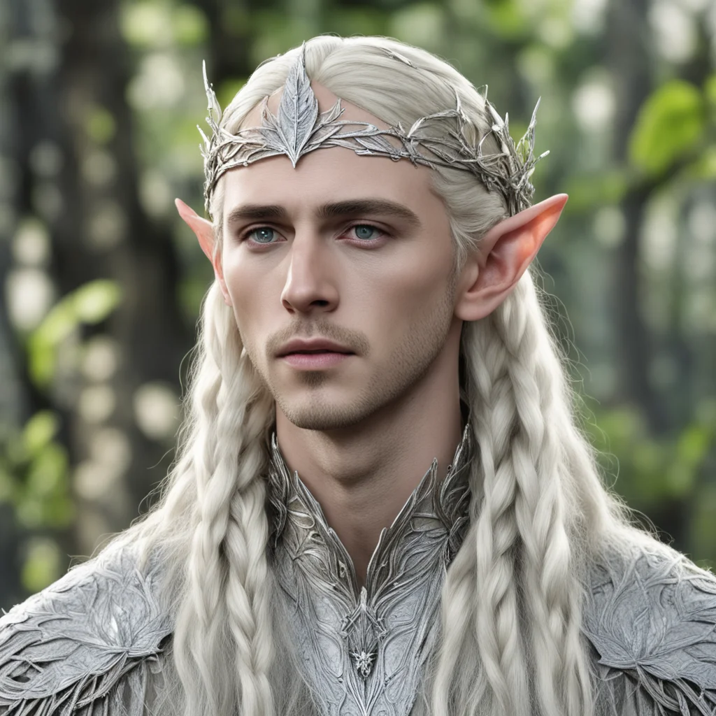 aiking thranduil with blond hair and braids wearing silver birch leaf encrusted with diamonds elvish circlet with large center diamond amazing awesome portrait 2