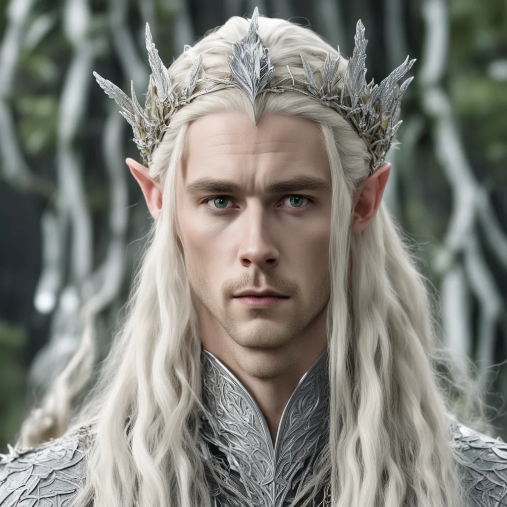 aiking thranduil with blond hair and braids wearing silver birch leaf encrusted with diamonds elvish circlet with large center diamond good looking trending fantastic 1