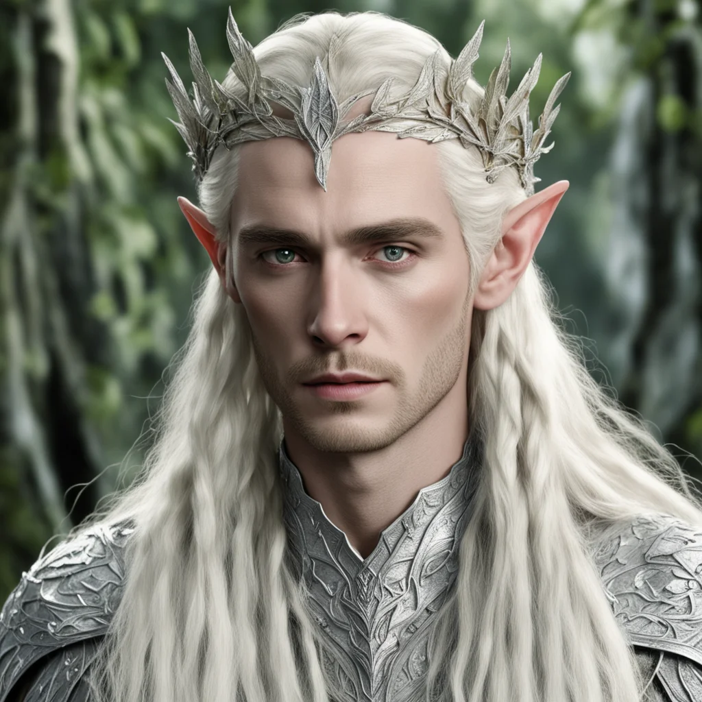 aiking thranduil with blond hair and braids wearing silver birch leaf encrusted with diamonds elvish circlet with large center diamond