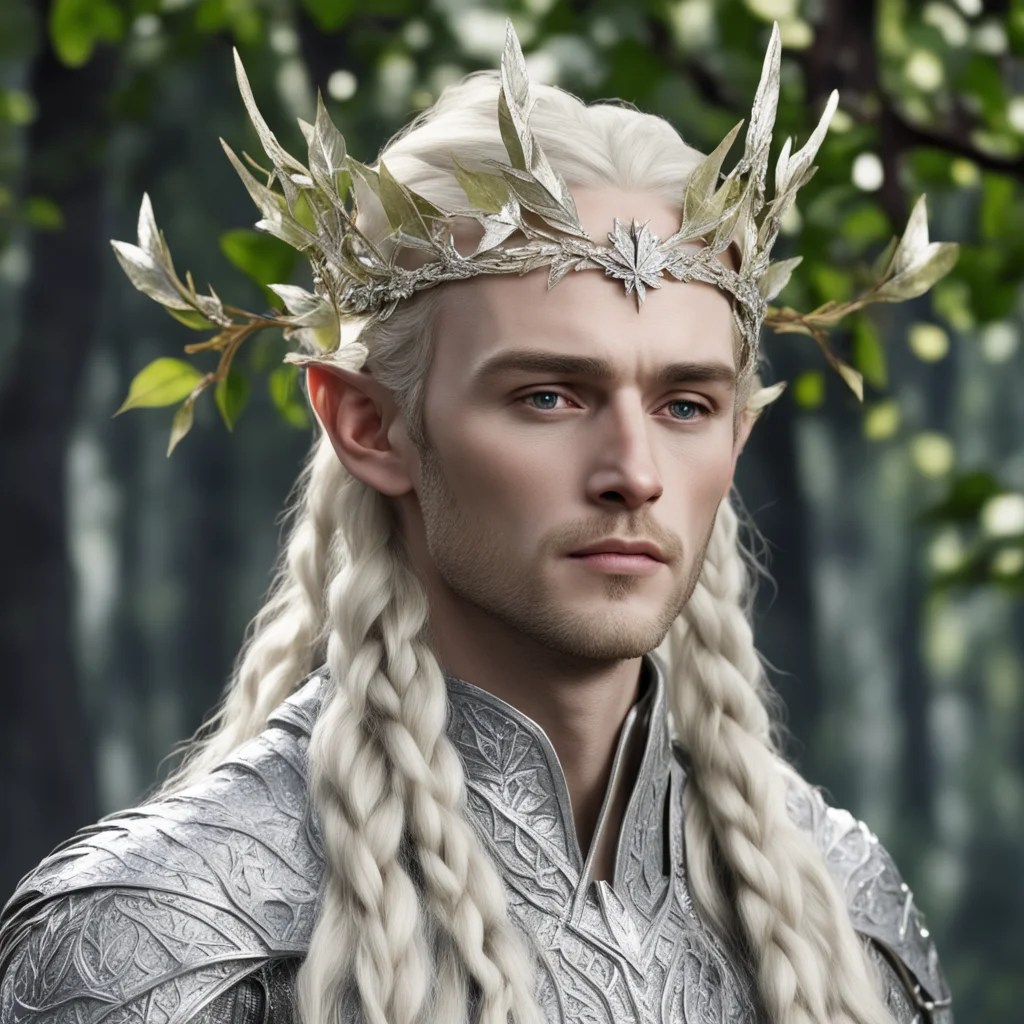king thranduil with blond hair and braids wearing silver birch leaf encrusted with diamonds elvish circlet with large center maple leaf covered with large diamonds amazing awesome portrait 2