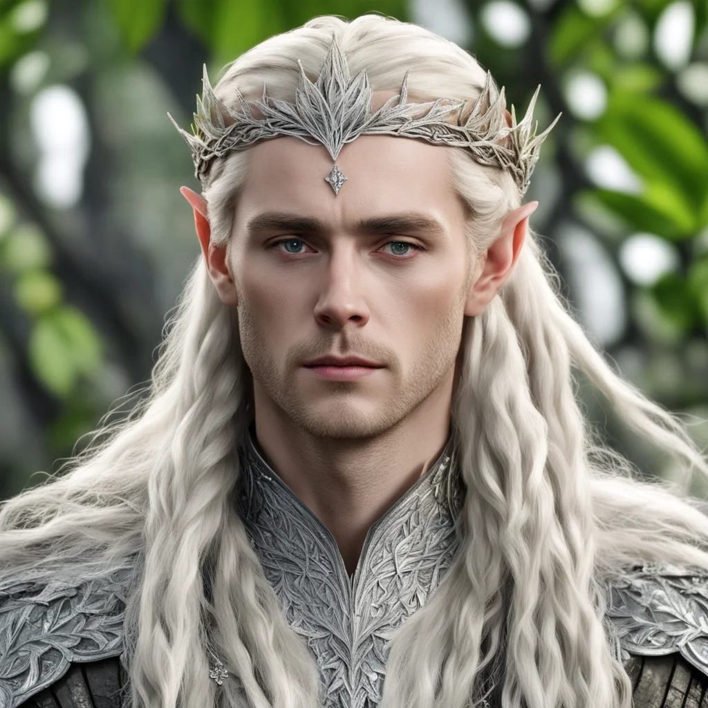 king thranduil with blond hair and braids wearing silver birch leaf encrusted with diamonds elvish circlet with large center maple leaf covered with large diamonds confident engaging wow artstation 