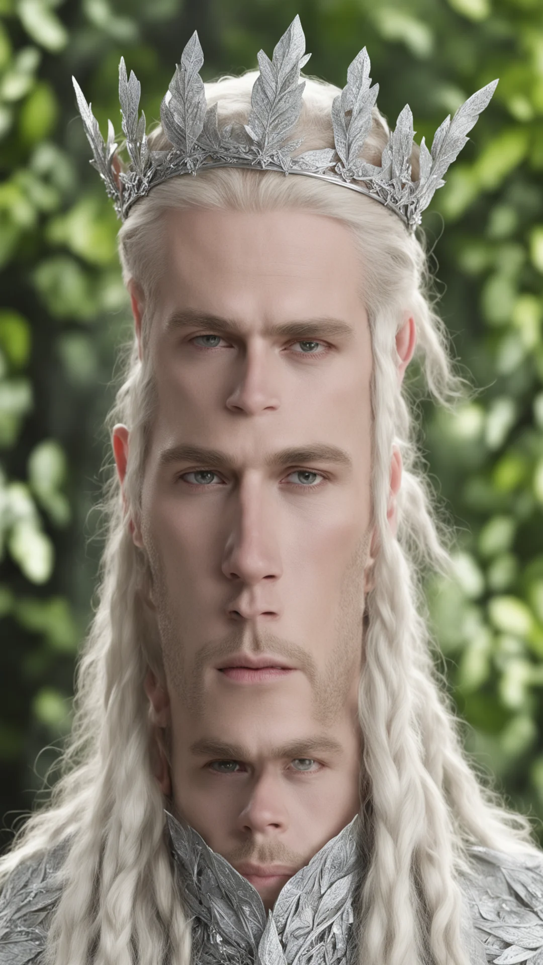 king thranduil with blond hair and braids wearing silver birch leaf encrusted with diamonds elvish circlet with large center maple leaf covered with large diamonds good looking trending fantastic 1 