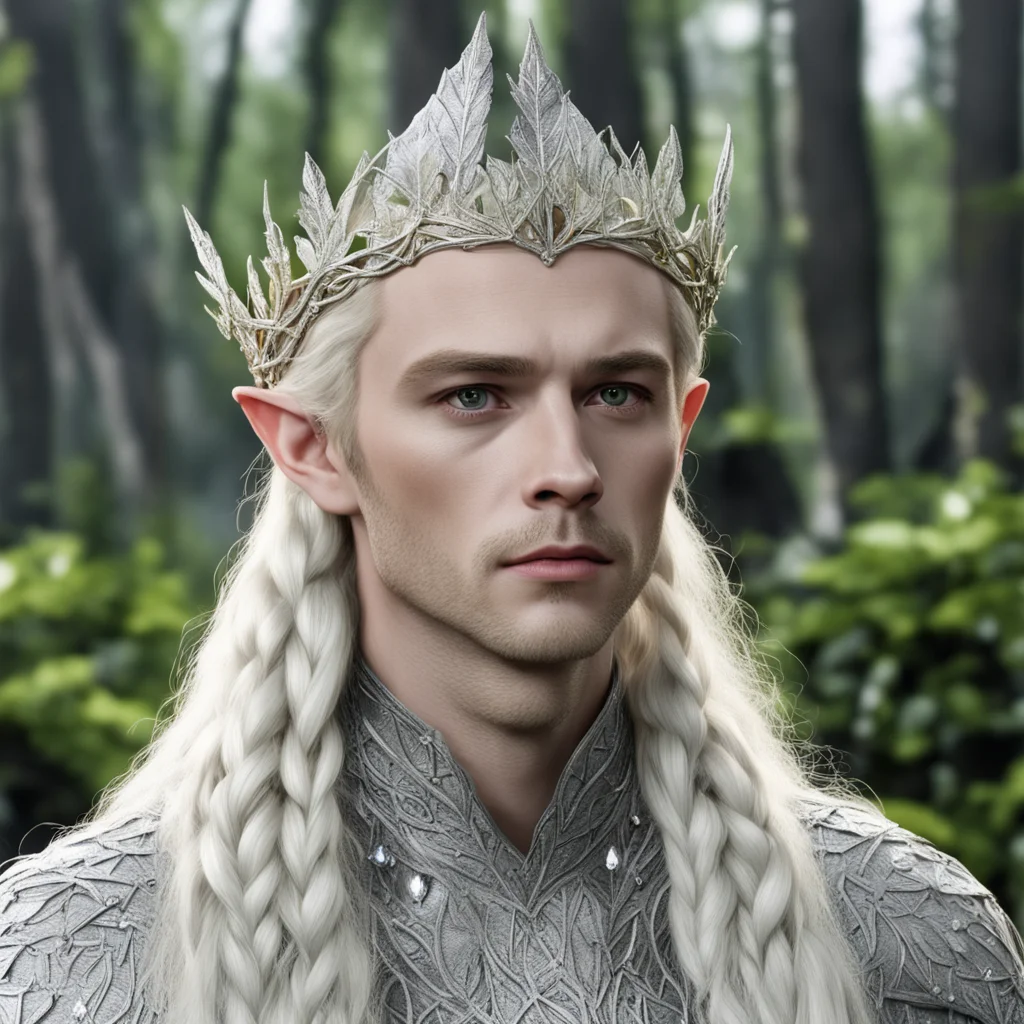 king thranduil with blond hair and braids wearing silver birch leaf encrusted with diamonds elvish circlet with large center maple leaf covered with large diamonds good looking trending fantastic 1.