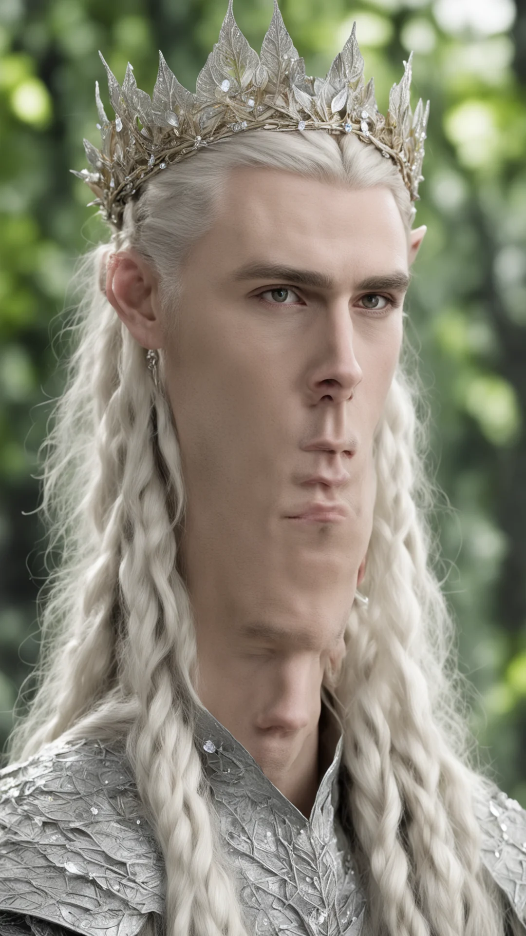 king thranduil with blond hair and braids wearing silver birch leaf encrusted with diamonds elvish circlet with large center maple leaf covered with large diamonds tall