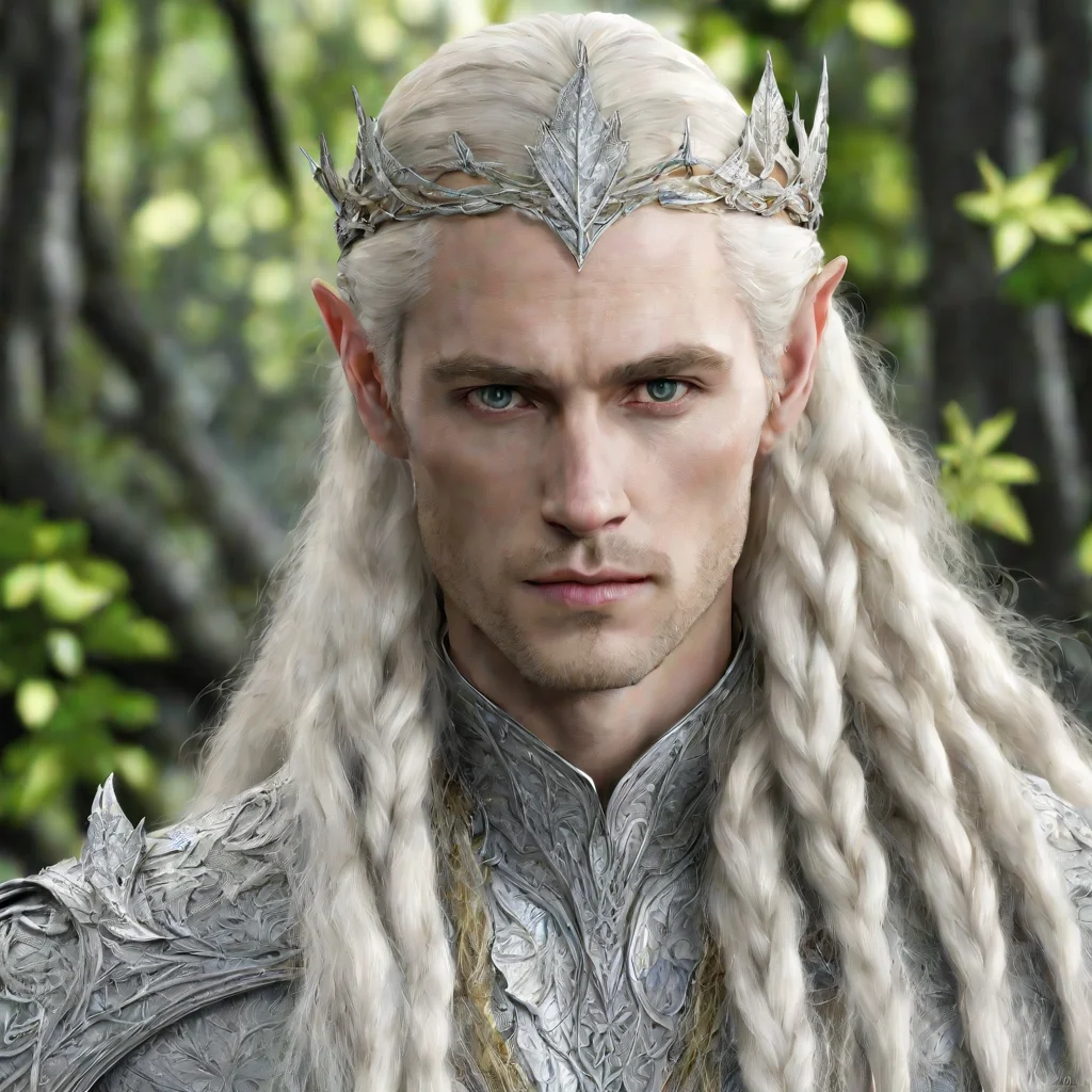 aiking thranduil with blond hair and braids wearing silver birch leaf encrusted with diamonds elvish circlet with large center maple leaf covered with large diamonds