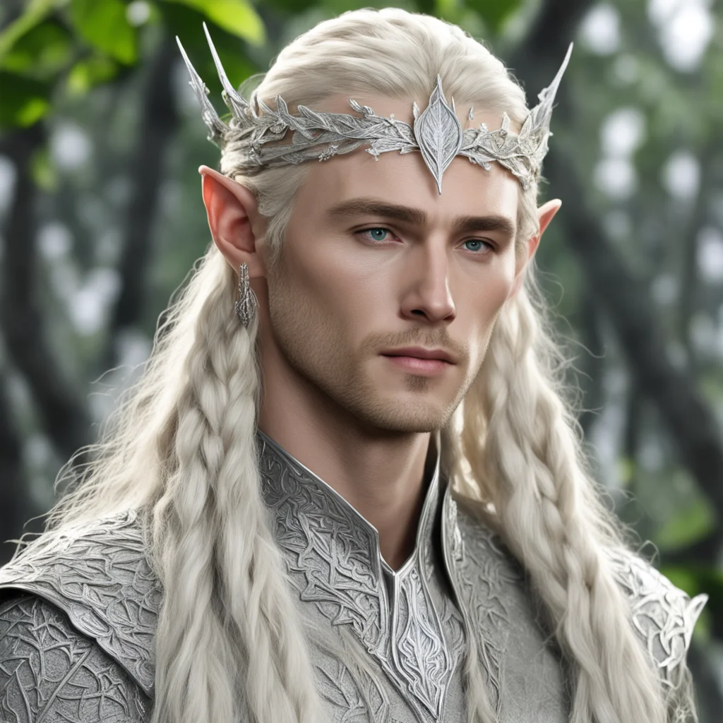 aiking thranduil with blond hair and braids wearing silver birch leaf silver elven circlet encrusted with diamonds with large center diamond amazing awesome portrait 2