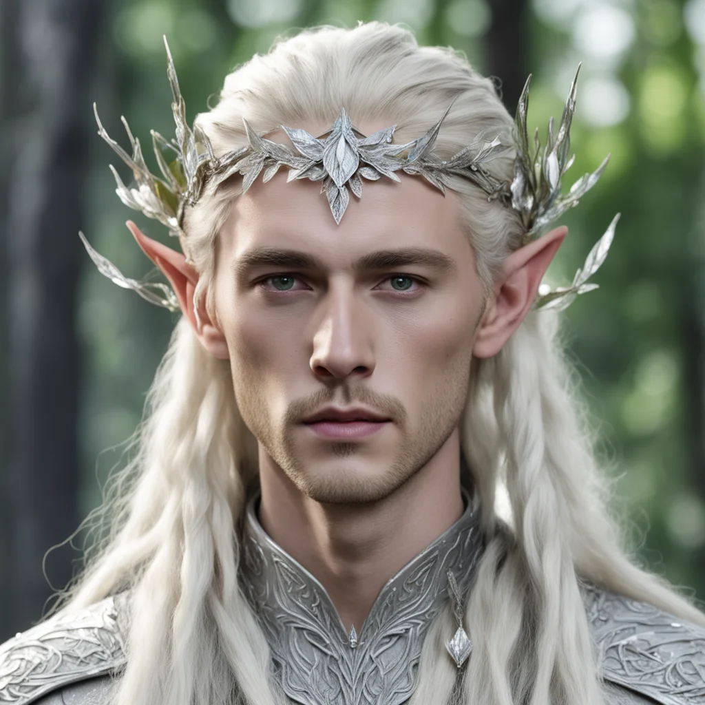 aiking thranduil with blond hair and braids wearing silver birch leaf silver elven circlet encrusted with diamonds with large center diamond confident engaging wow artstation art 3