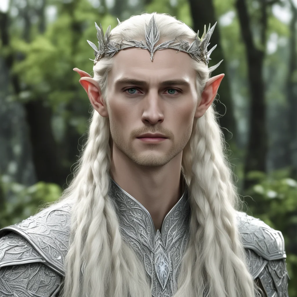 aiking thranduil with blond hair and braids wearing silver birch leaf silver elven circlet encrusted with diamonds with large center diamond good looking trending fantastic 1