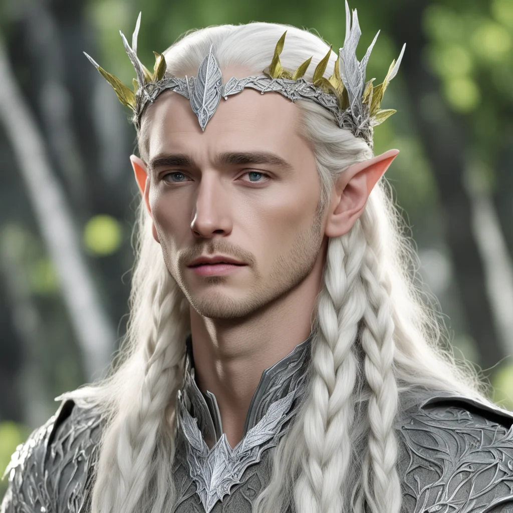 aiking thranduil with blond hair and braids wearing silver birch leaf silver elven circlet encrusted with diamonds with large center diamond