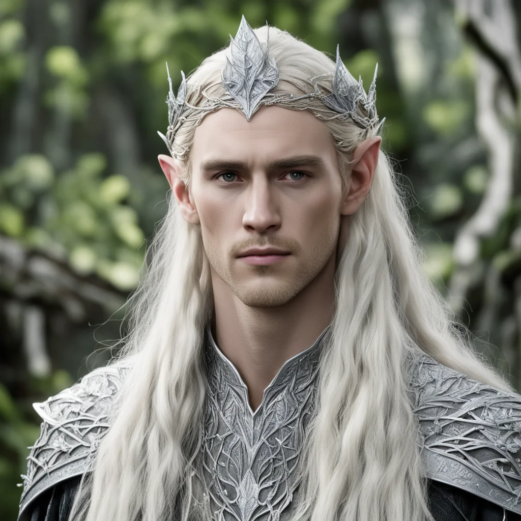 king thranduil with blond hair and braids wearing silver birch leaf silver elvish circlet and encrusted with diamonds and large center diamond  amazing awesome portrait 2