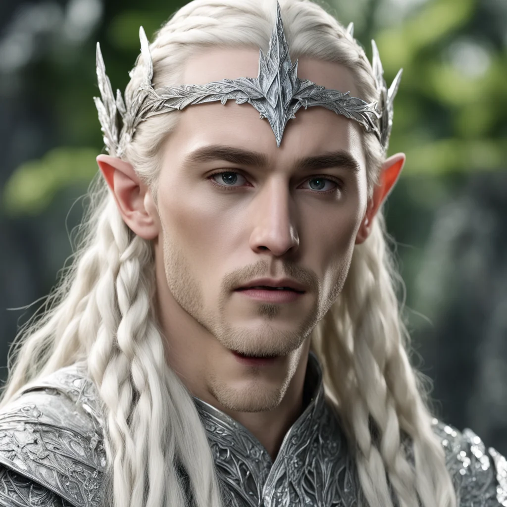 aiking thranduil with blond hair and braids wearing silver birch leaf silver elvish circlet and encrusted with diamonds and large center diamond  confident engaging wow artstation art 3