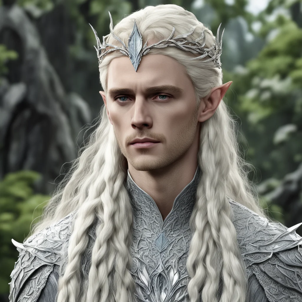 aiking thranduil with blond hair and braids wearing silver birch leaf silver elvish circlet and encrusted with diamonds and large center diamond  good looking trending fantastic 1