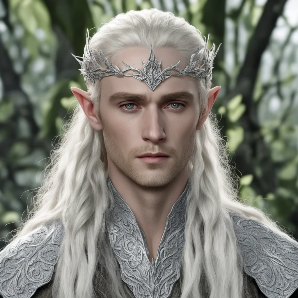 aiking thranduil with blond hair and braids wearing silver birch leaf silver elvish circlet encrusted with diamonds with large center diamond  amazing awesome portrait 2