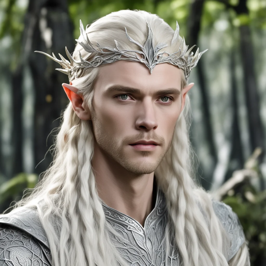 aiking thranduil with blond hair and braids wearing silver birch leaf silver elvish circlet encrusted with diamonds with large center diamond  confident engaging wow artstation art 3