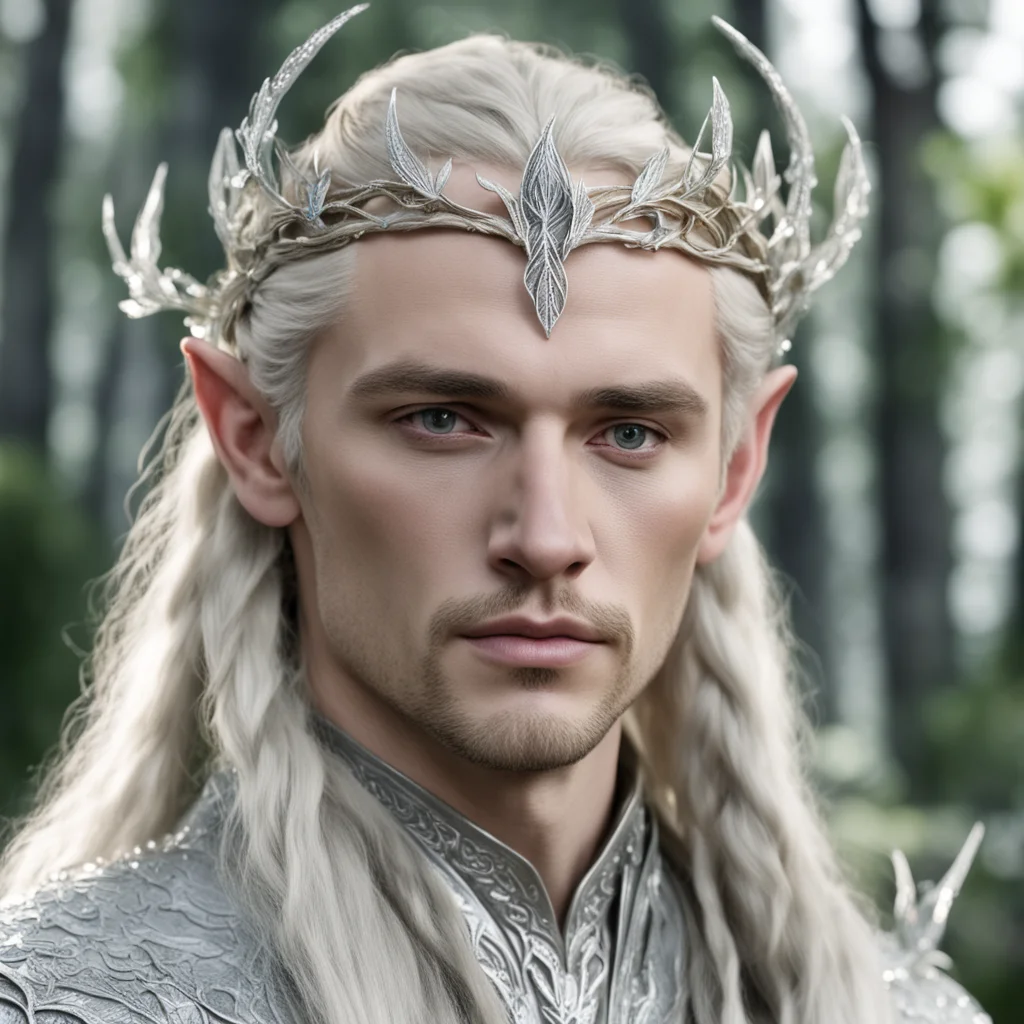 aiking thranduil with blond hair and braids wearing silver birch leaf silver elvish circlet encrusted with diamonds with large center diamond  good looking trending fantastic 1