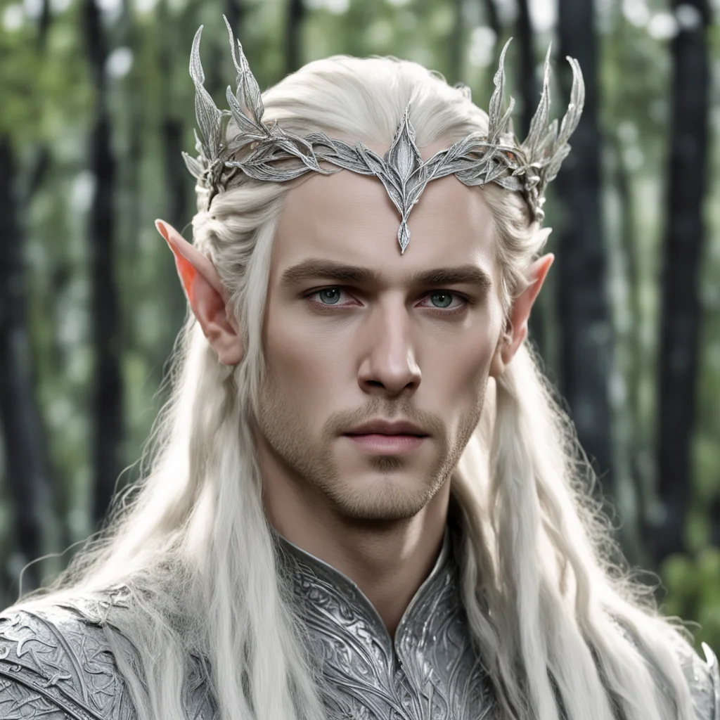 aiking thranduil with blond hair and braids wearing silver birch leaf silver elvish circlet encrusted with diamonds with large center diamond 