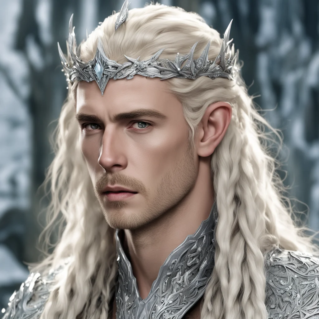aiking thranduil with blond hair and braids wearing silver cedar circlet encrusted with diamonds and large diamond clusters amazing awesome portrait 2