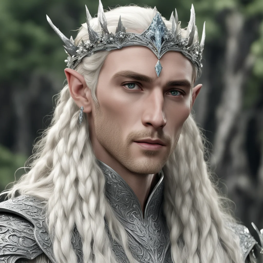 aiking thranduil with blond hair and braids wearing silver cedar circlet encrusted with diamonds and large diamond clusters confident engaging wow artstation art 3