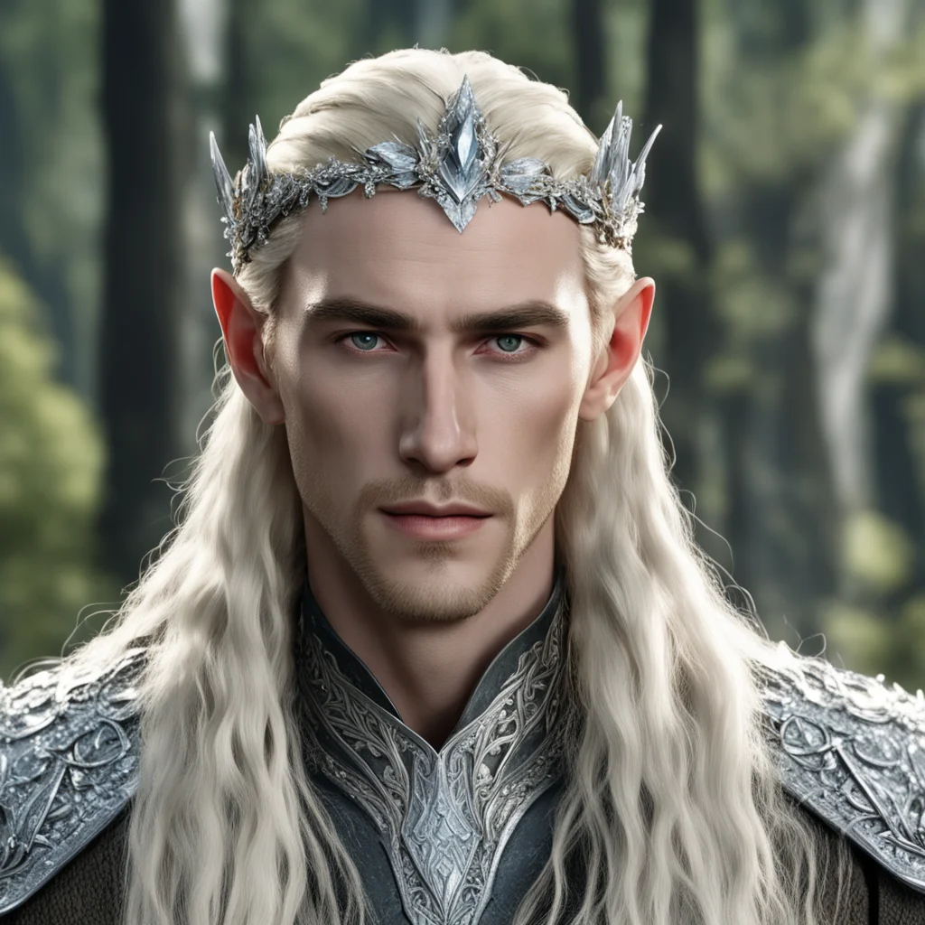 aiking thranduil with blond hair and braids wearing silver cedar circlet encrusted with diamonds and large diamond clusters good looking trending fantastic 1