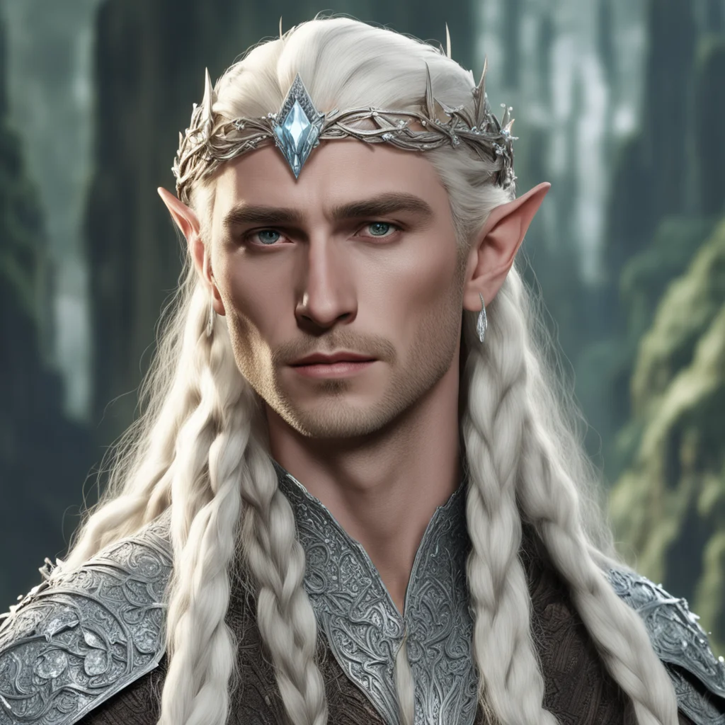 king thranduil with blond hair and braids wearing silver cedar circlet encrusted with diamonds and large diamond clusters
