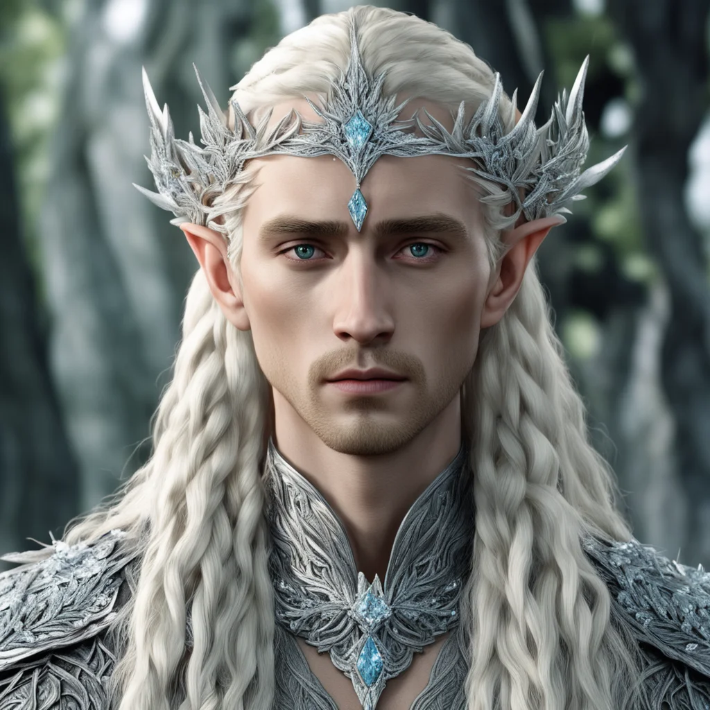 king thranduil with blond hair and braids wearing silver cedar leaves encrusted with diamonds with large clusters of diamonds to form a silver elvish circlet with large center diamond  amazing aweso