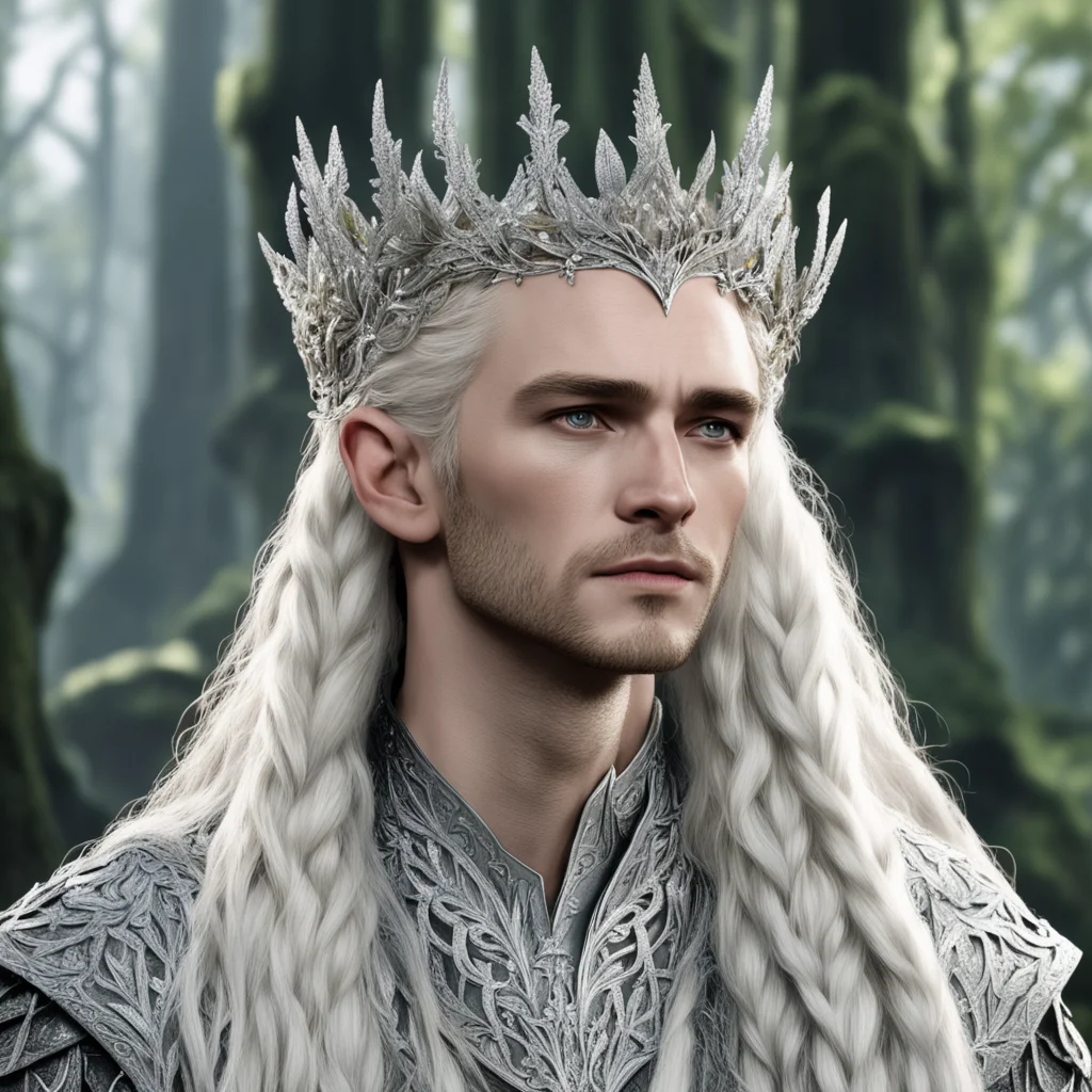 king thranduil with blond hair and braids wearing silver cedar leaves encrusted with diamonds with large clusters of diamonds to form a silver elvish circlet with large center diamond  confident eng