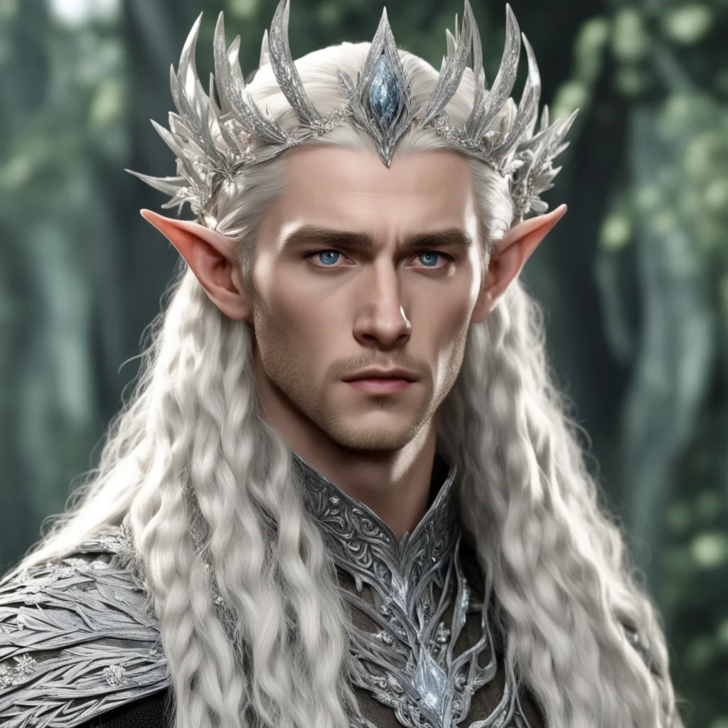 aiking thranduil with blond hair and braids wearing silver cedar leaves encrusted with diamonds with large clusters of diamonds to form a silver elvish circlet with large center diamond 
