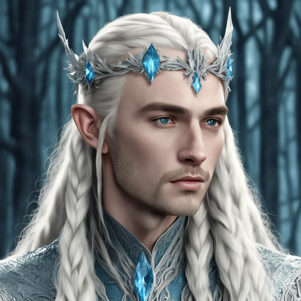king thranduil with blond hair and braids wearing silver cedar leaves encrusted with diamonds with large diamond clusters to form a silver elvish circlet with large center bluish diamond amazing awe